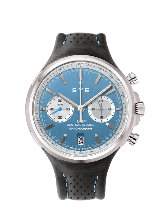Watch with blue dial and black strap on a white background