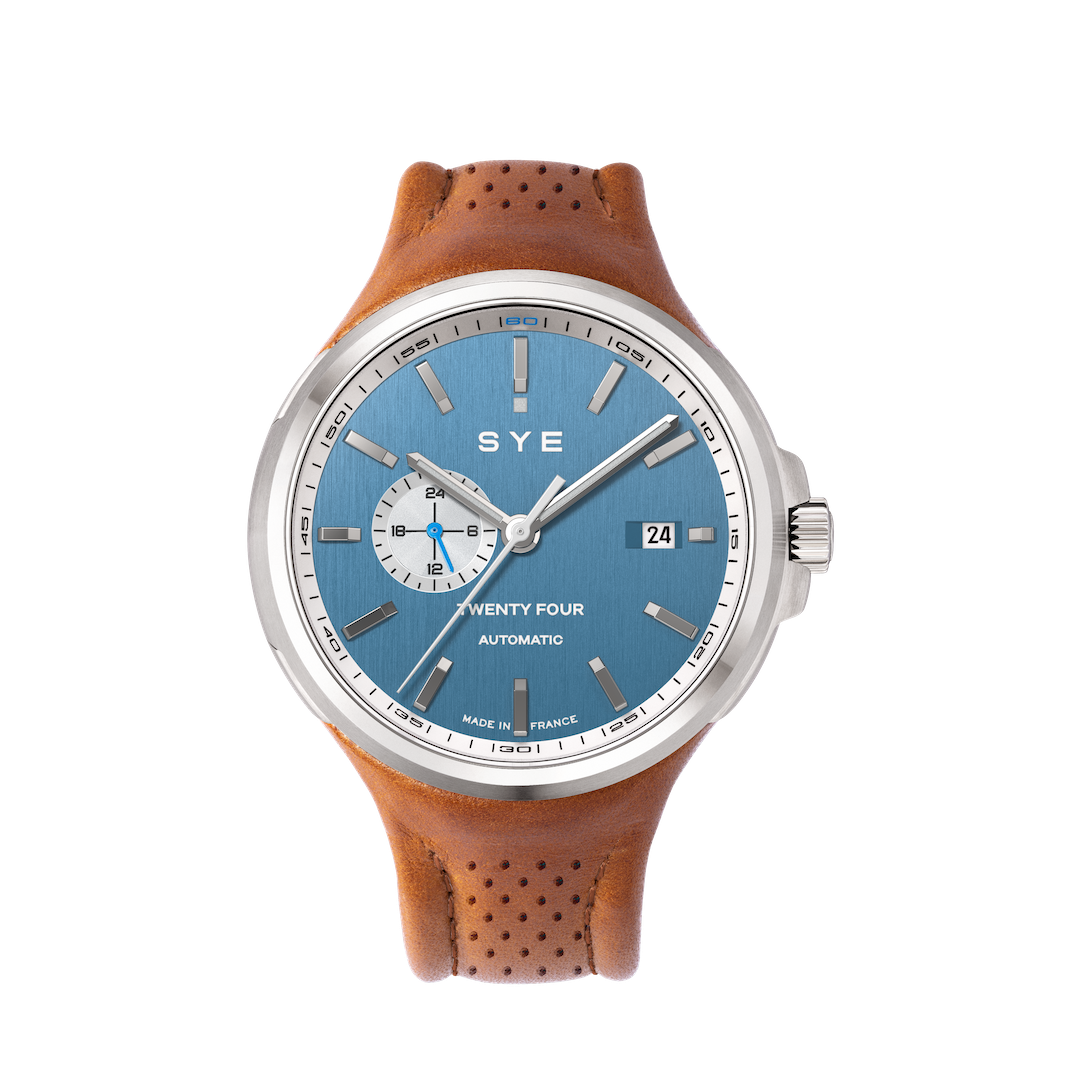 Watch with brown leather strap and blue dial on a white background