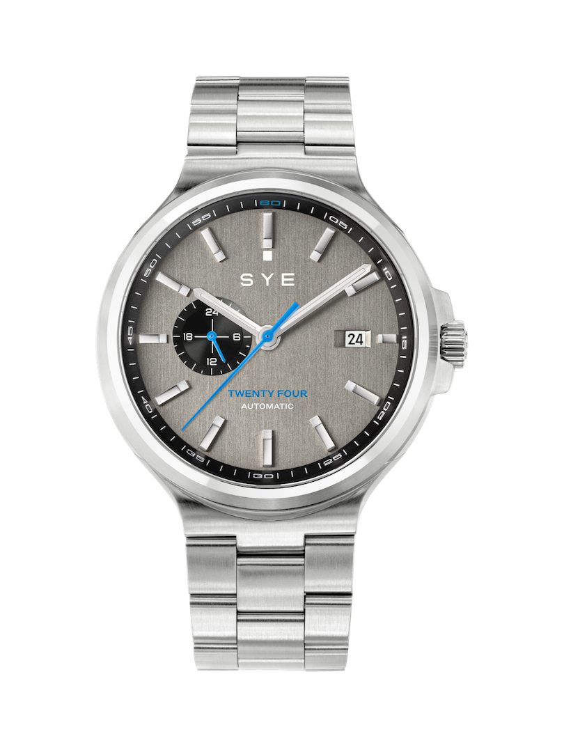 Silver watch with a gray face on a white background