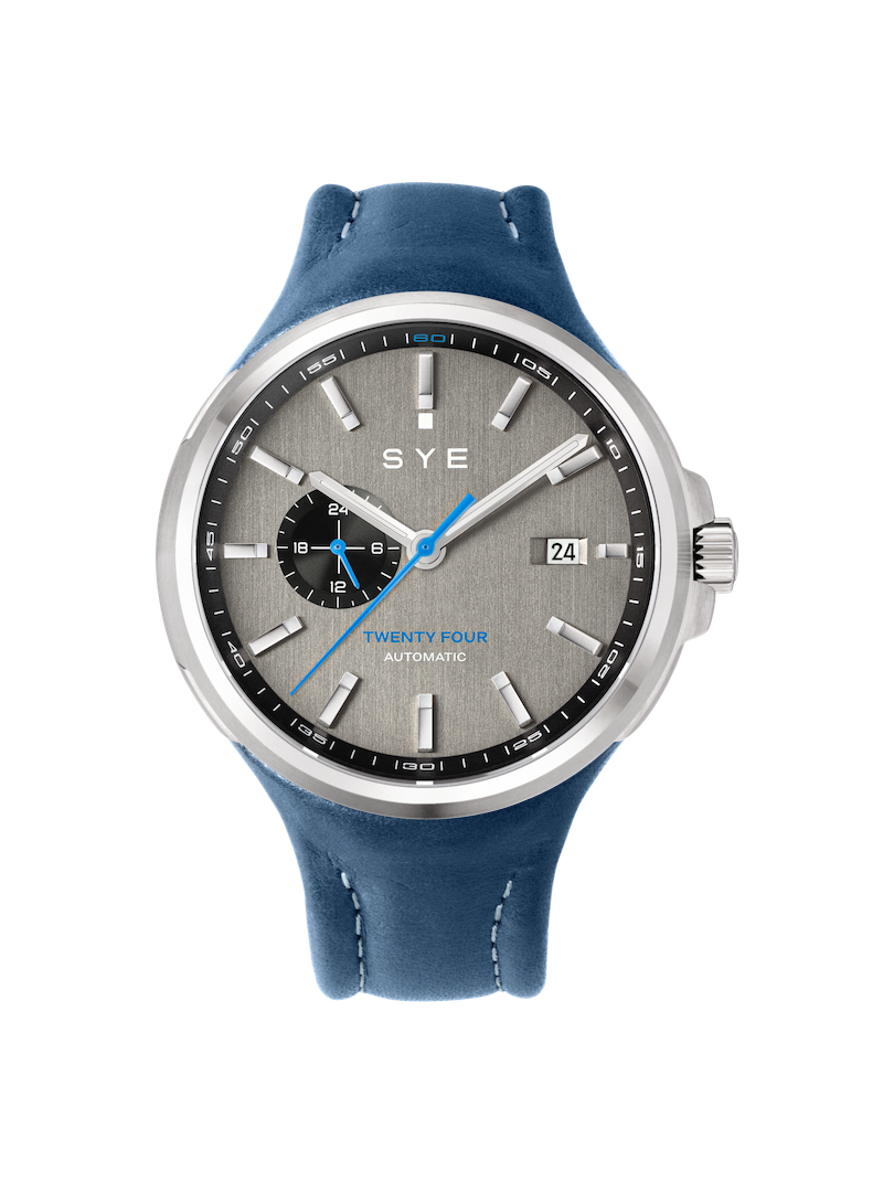 SYE watch with blue strap and gray dial on a white background