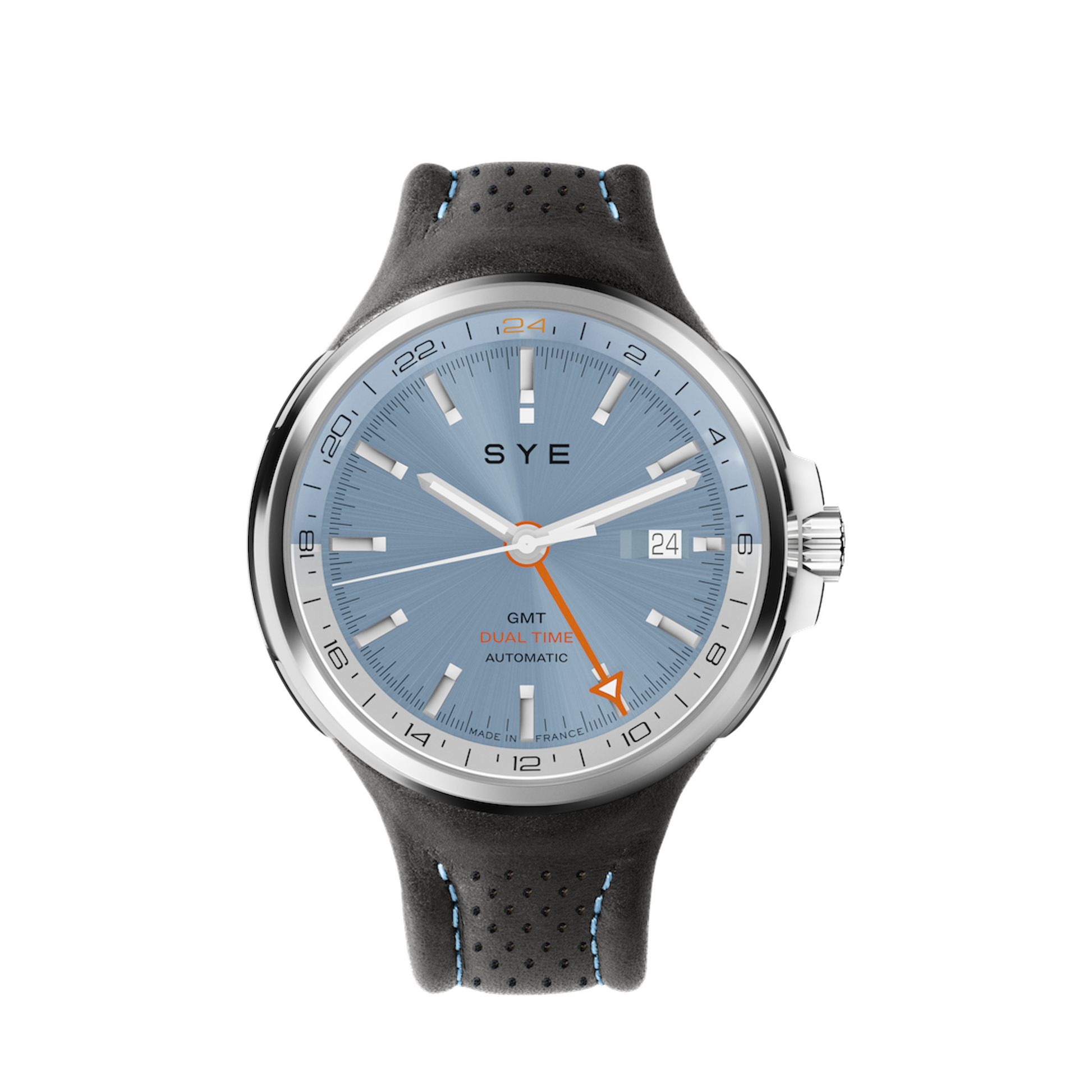 SYE watch with blue dial and black strap on a white background