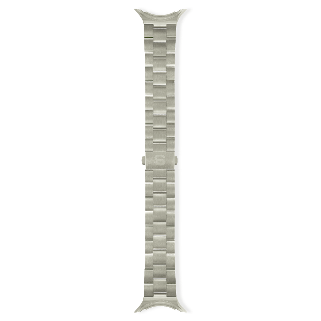Silver watch strap on a white background