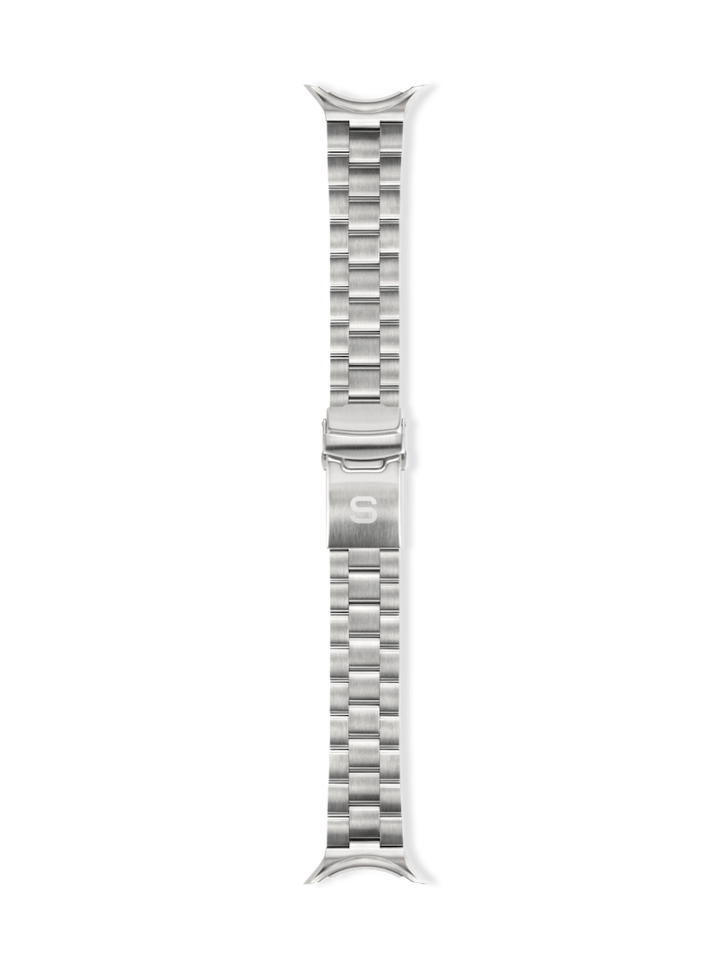 Silver watch strap on a white background