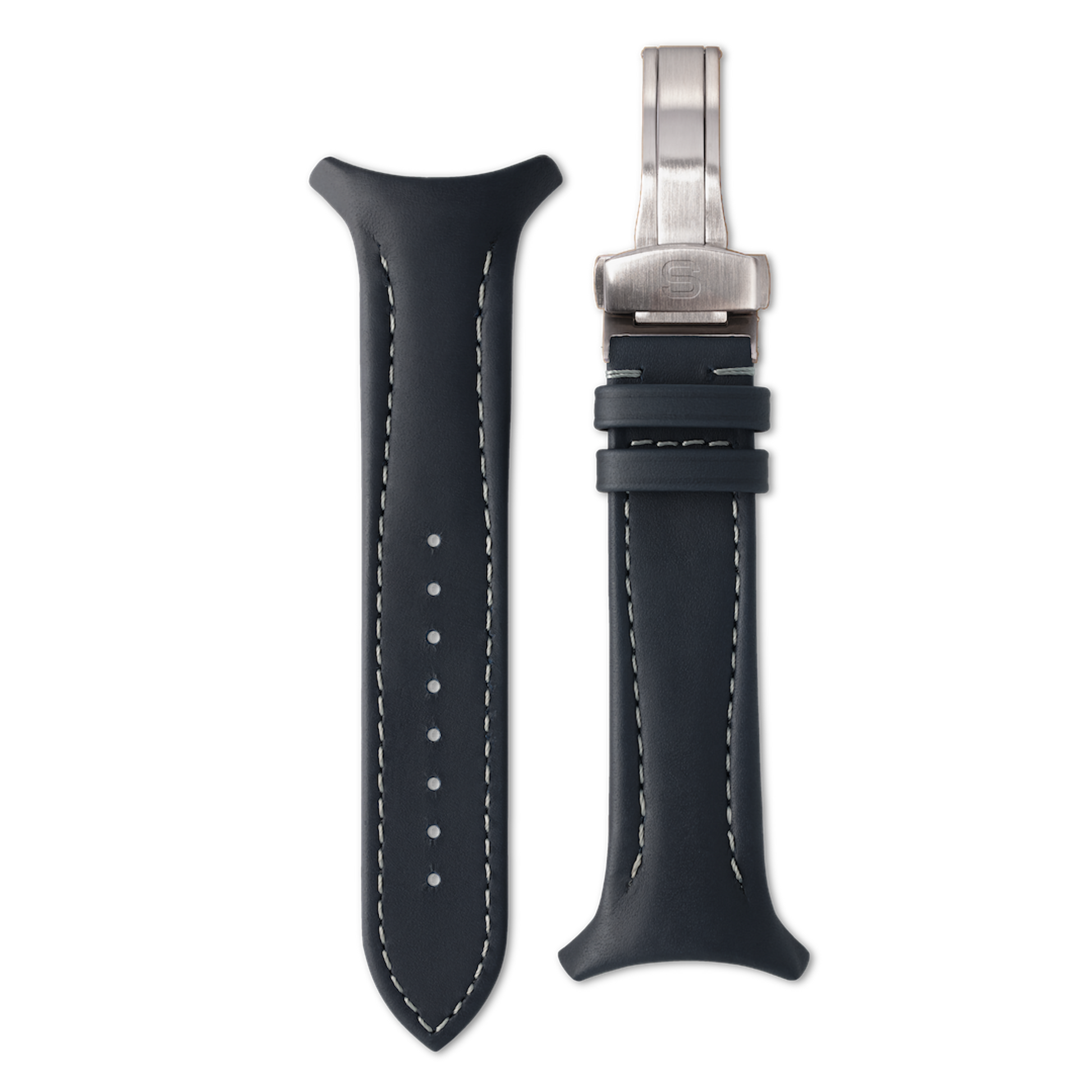 Black leather watch strap with silver clasp on a white background