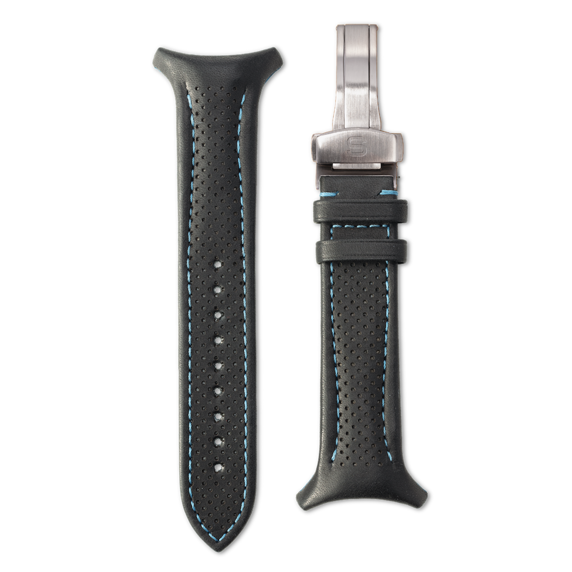 Black perforated watch strap with silver clasp on a white background