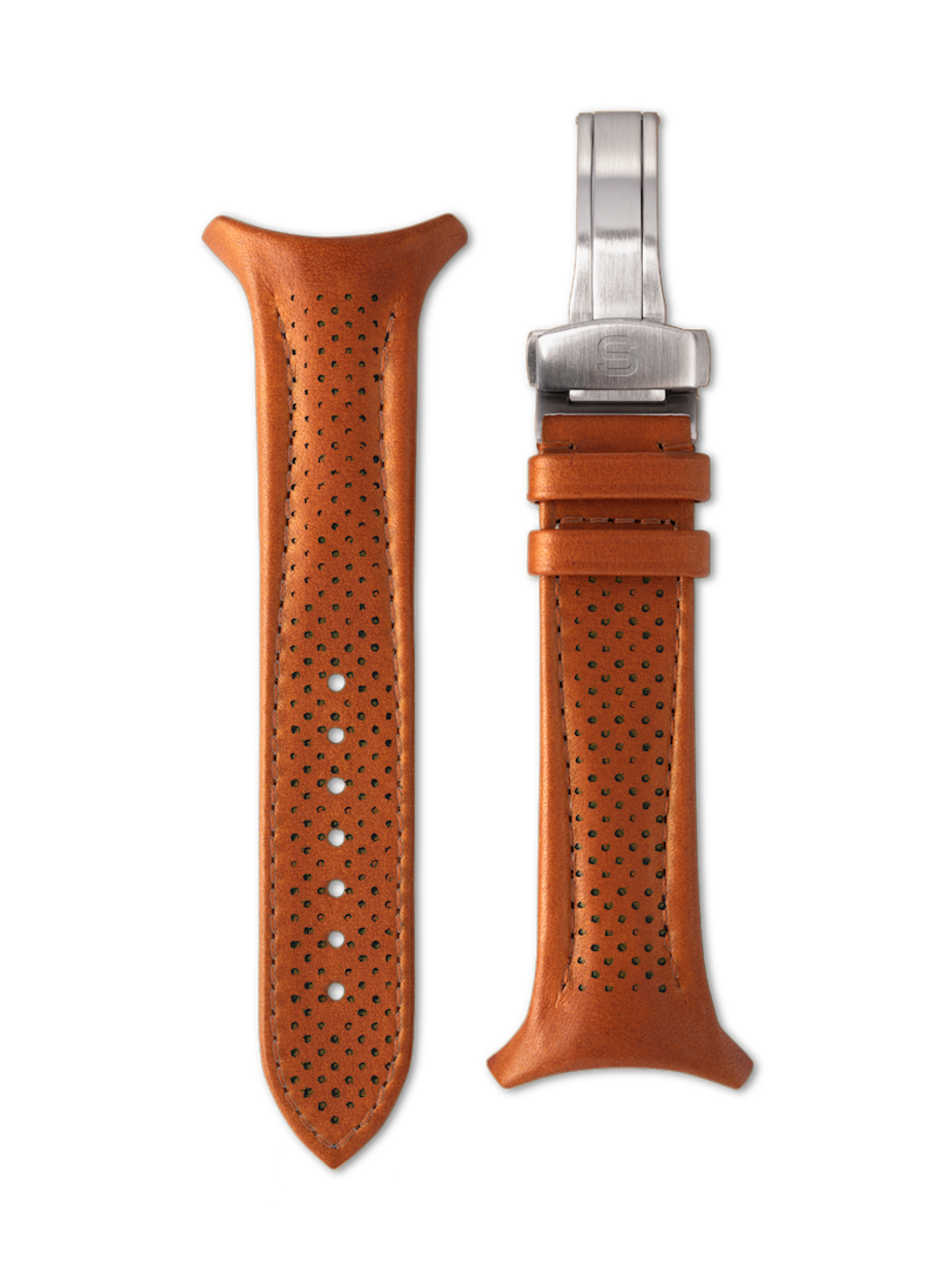 Brown perforated leather watch strap with silver clasp on a white background