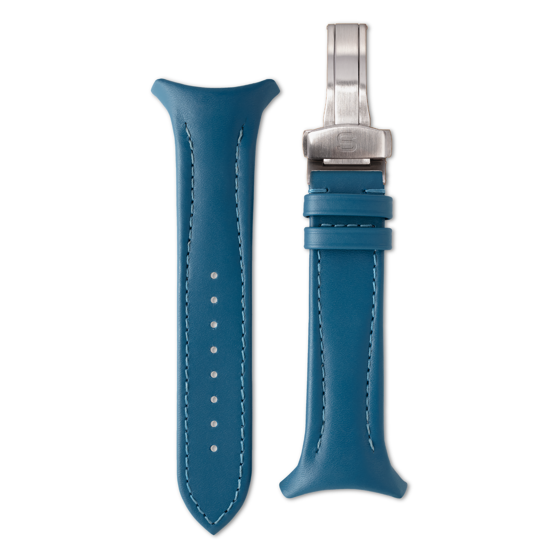 Blue watch strap with silver clasp on a white background