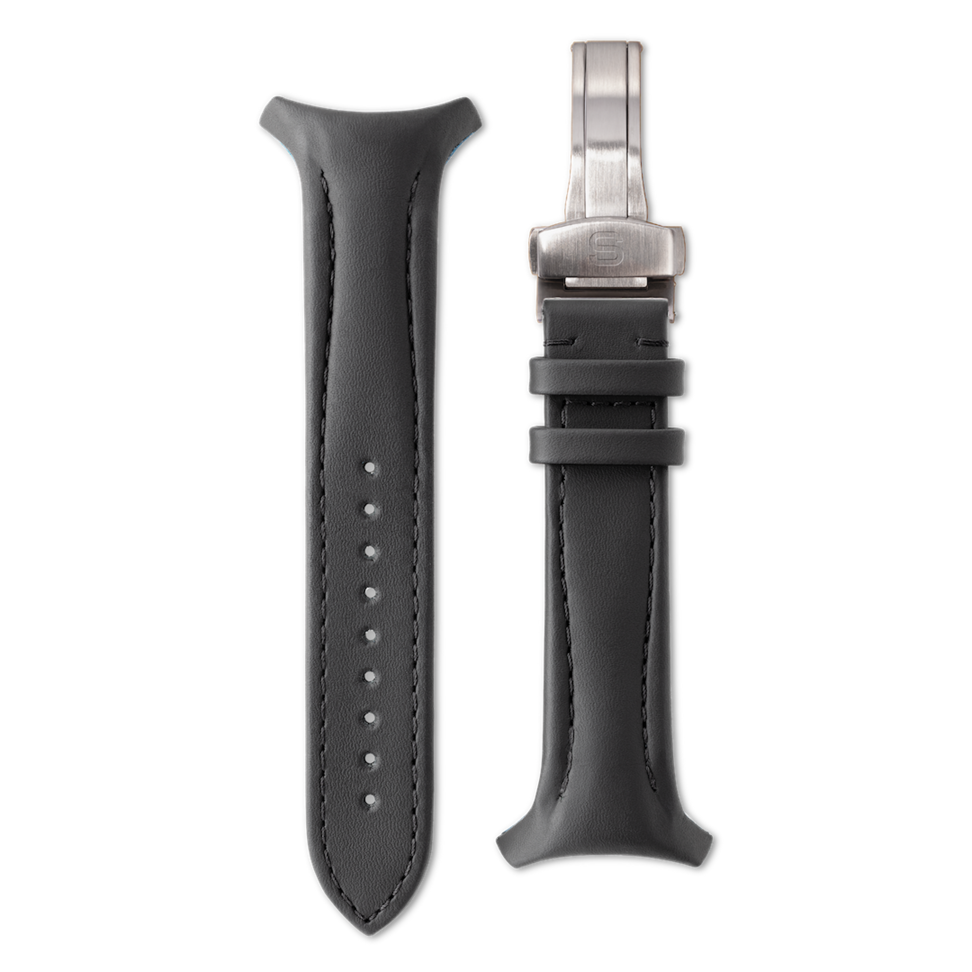 Black watch strap with silver clasp on a white background