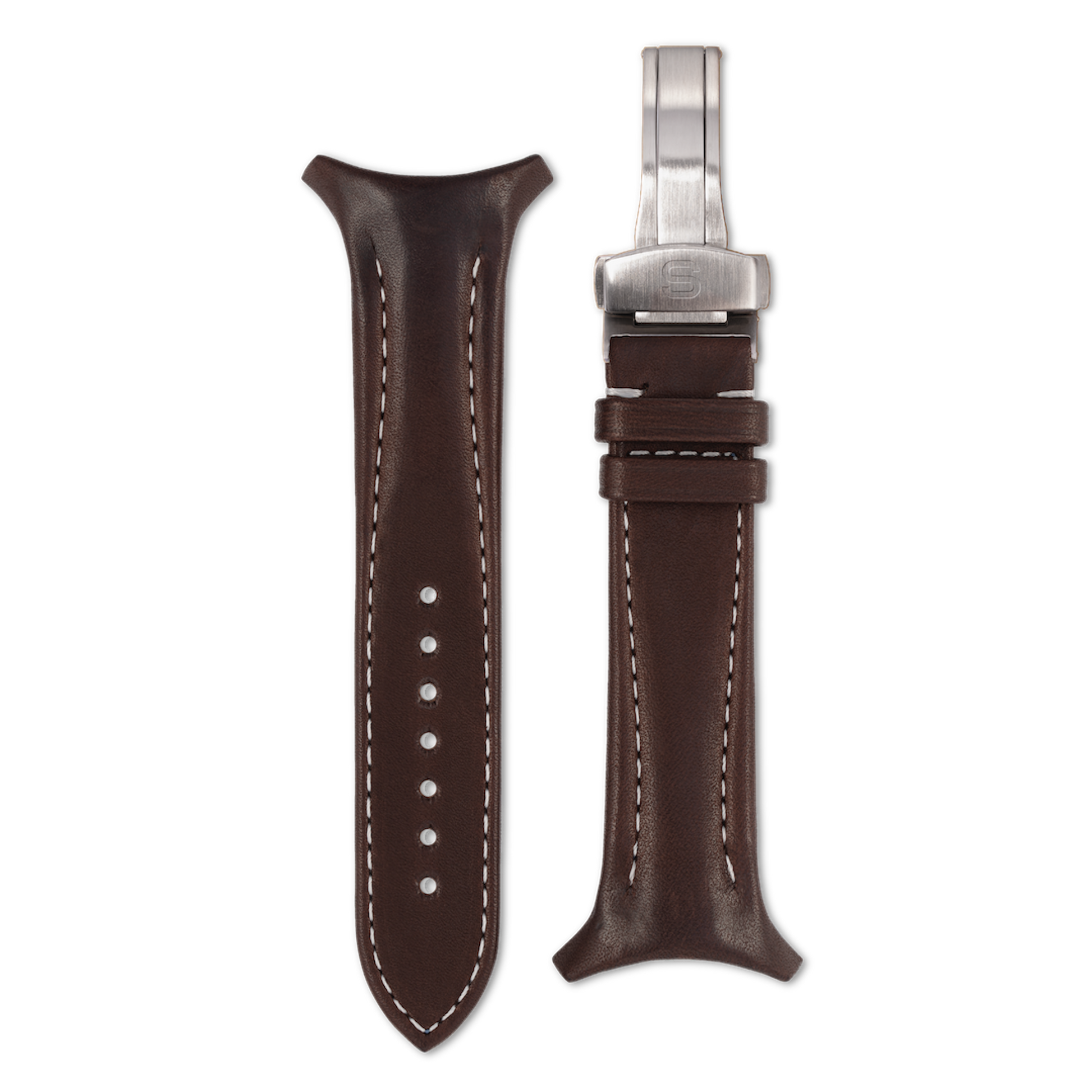 Brown leather watch strap with silver clasp on a white background