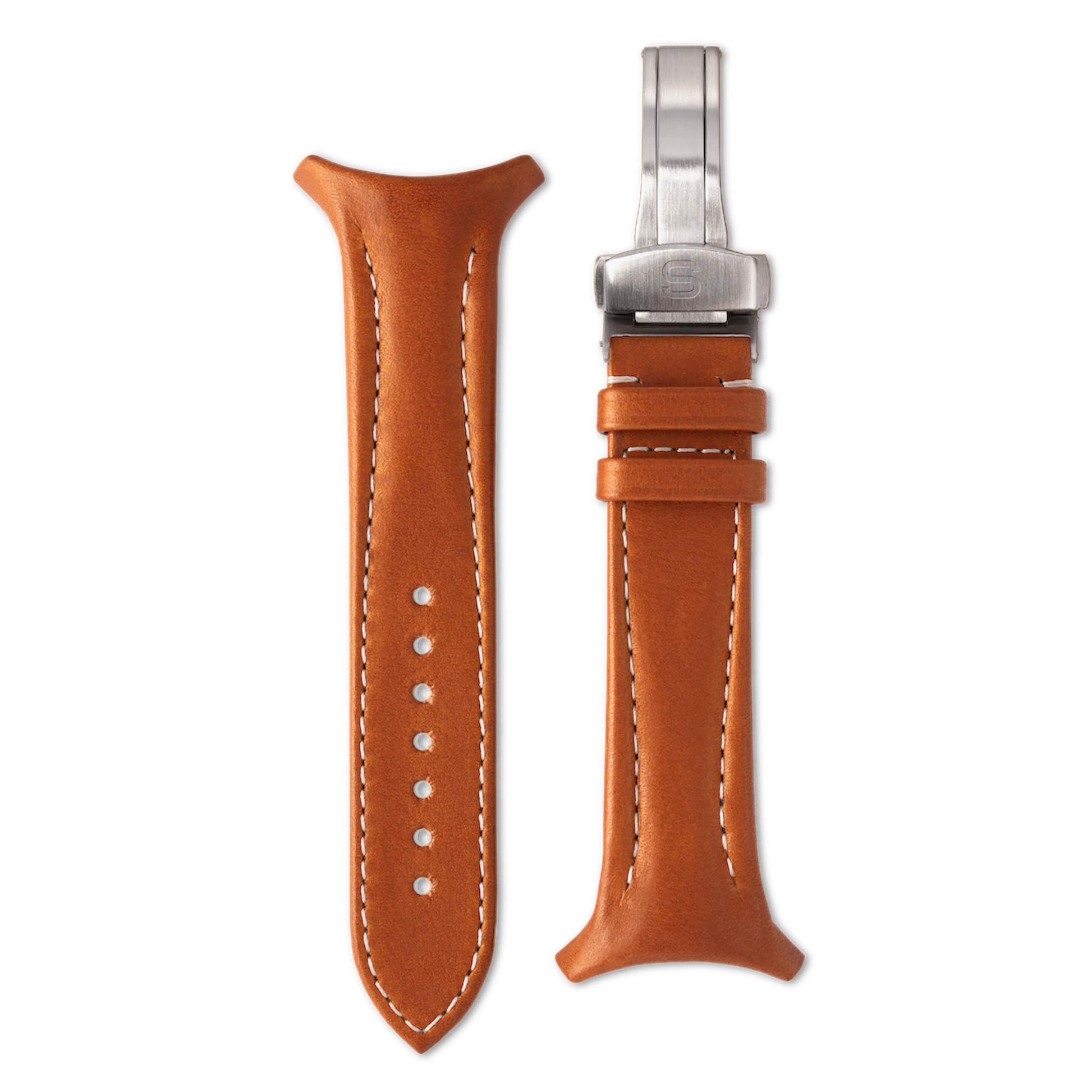 Brown leather watch strap with silver clasp on a white background