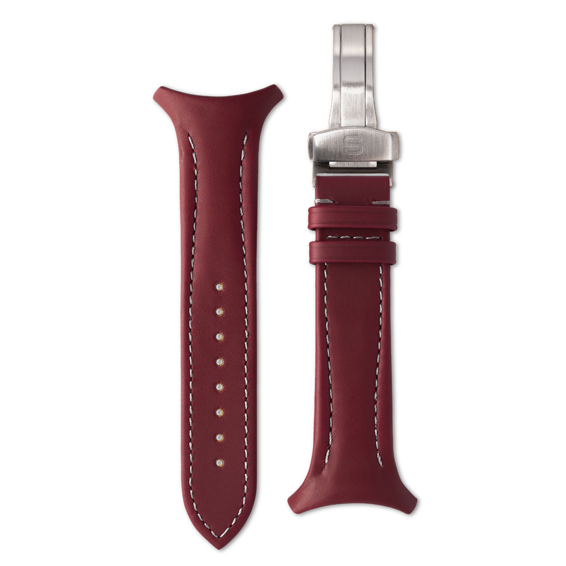Maroon leather watch strap with silver clasp on a white background