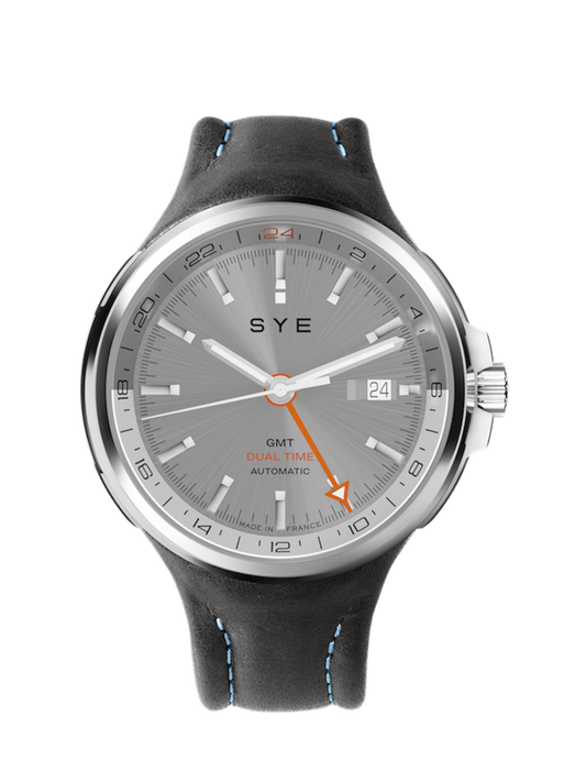 SYE watch with gray dial and black leather strap on a white background