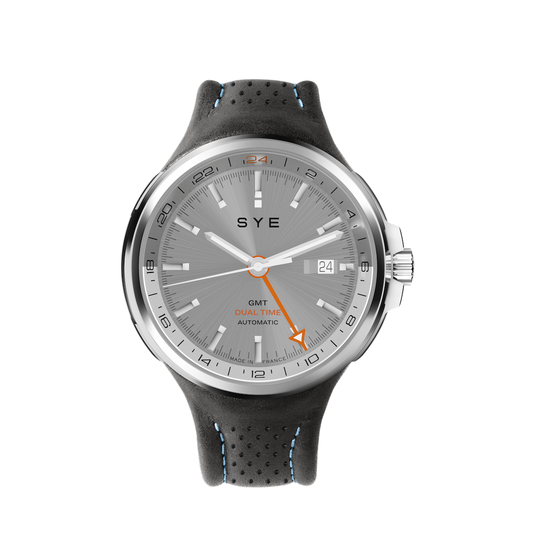 SYE watch with gray dial and black strap on a white background