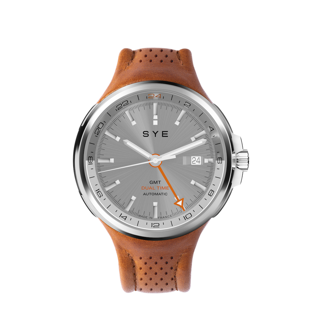 Watch with brown leather strap and gray dial on a white background