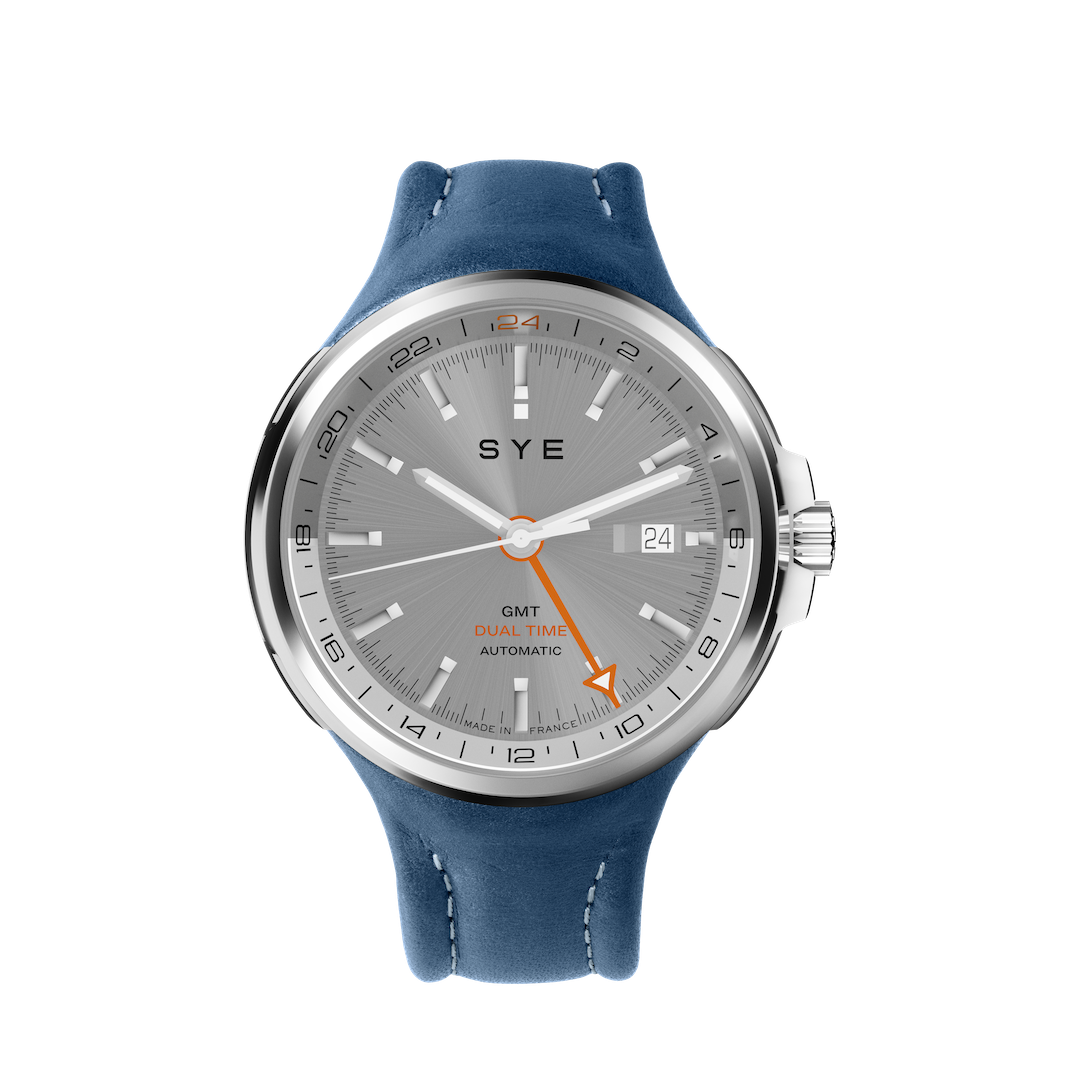 Watch with blue strap and gray dial on a white background