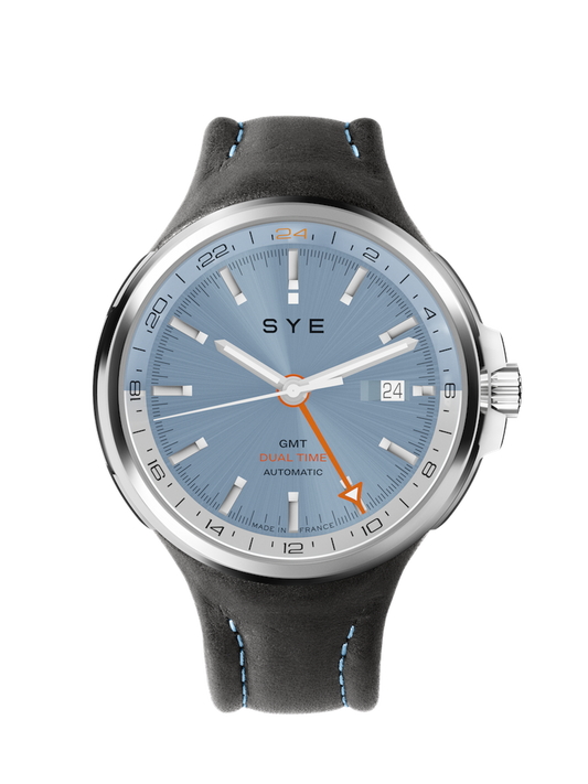 Watch with blue dial and gray strap on a white background