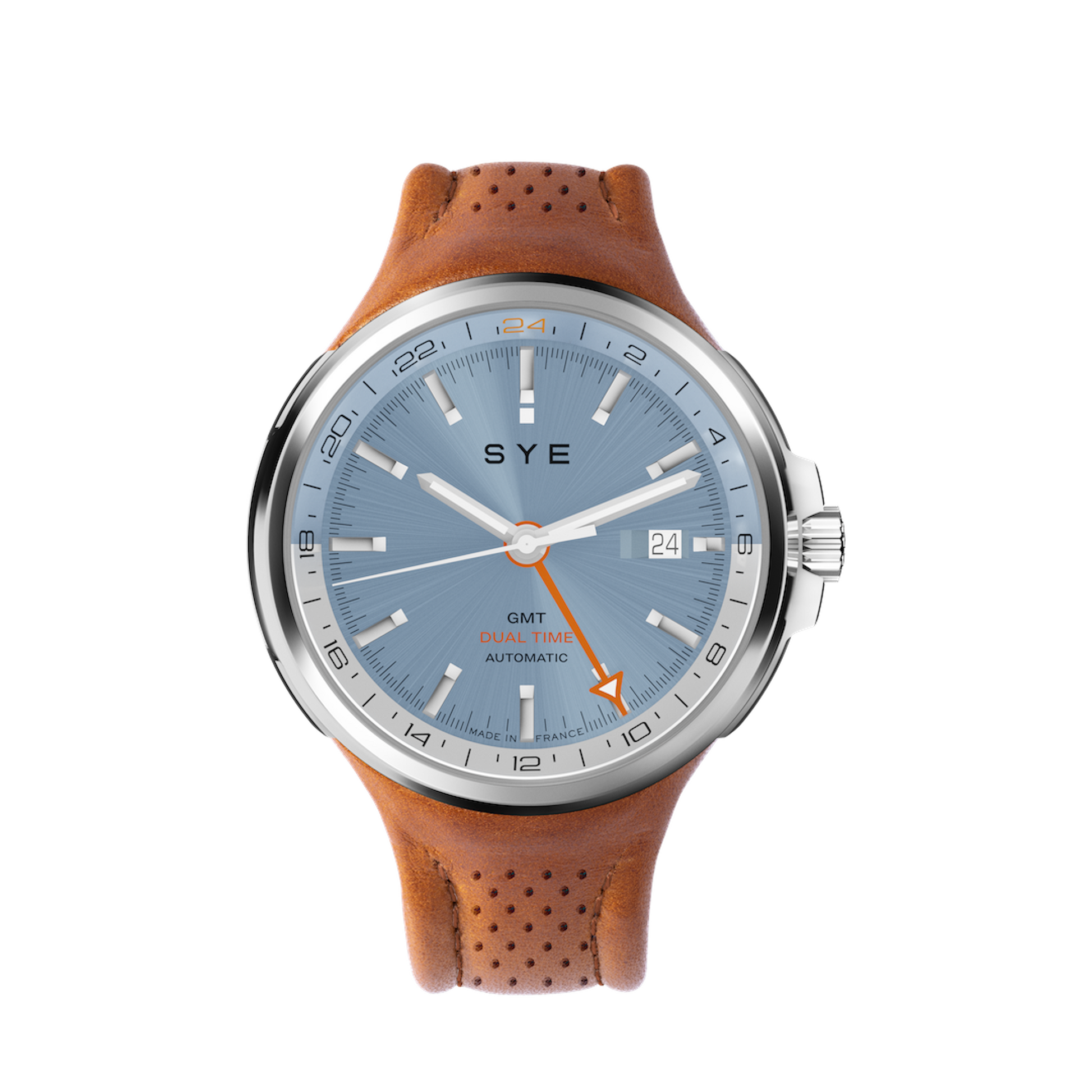 Watch with brown leather strap and blue dial on a white background