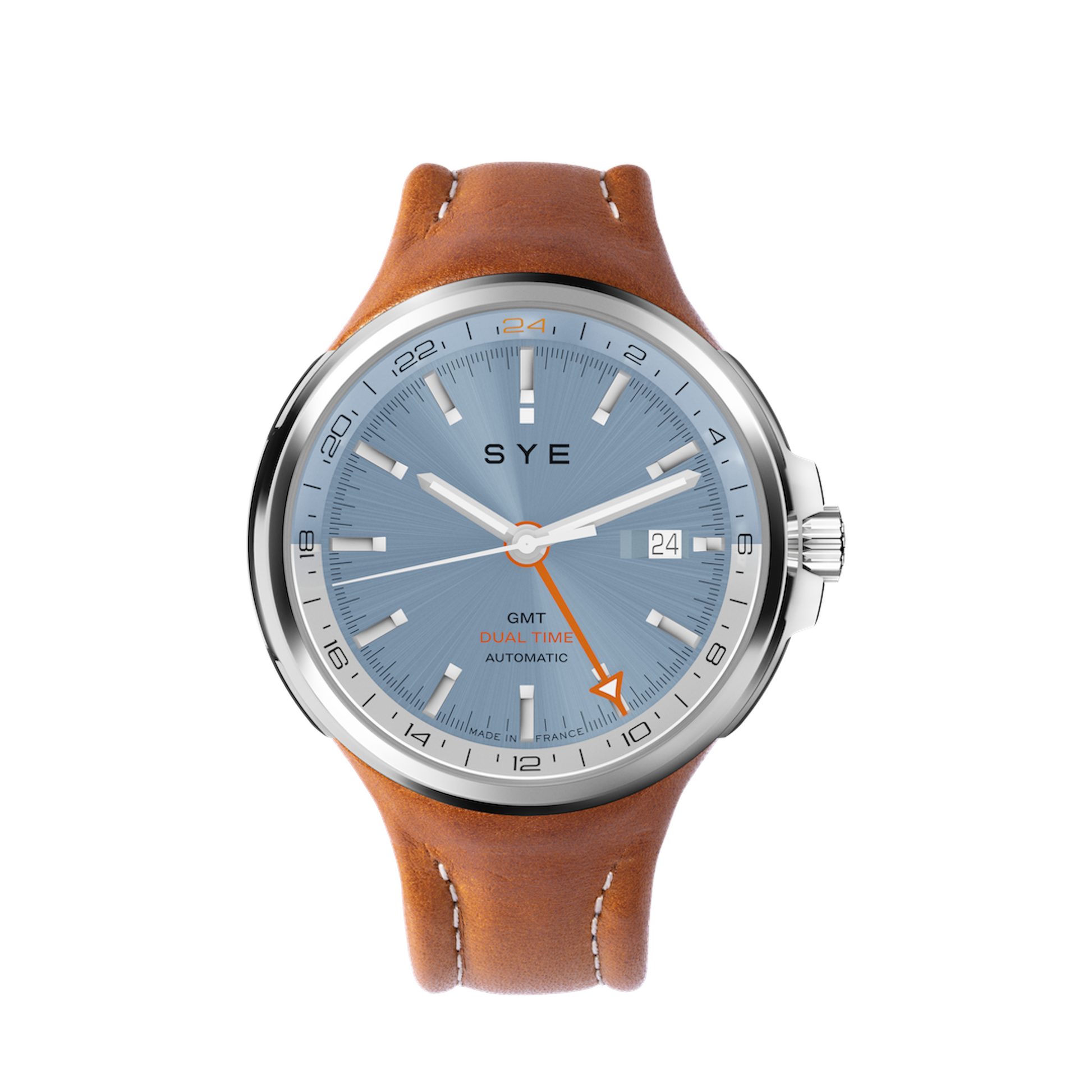 Watch with brown leather strap and blue dial on a white background