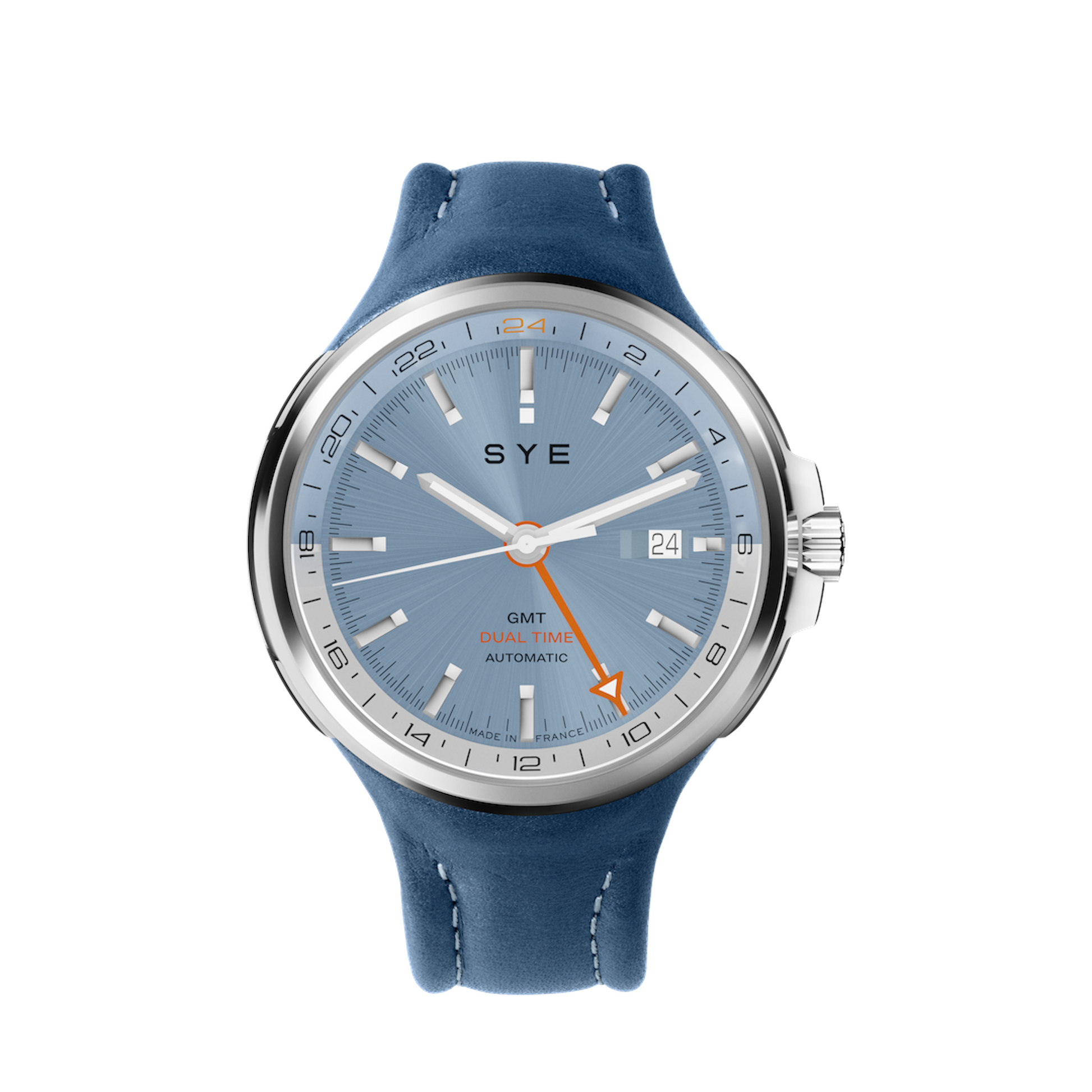 Blue watch with silver case and blue strap on a white background