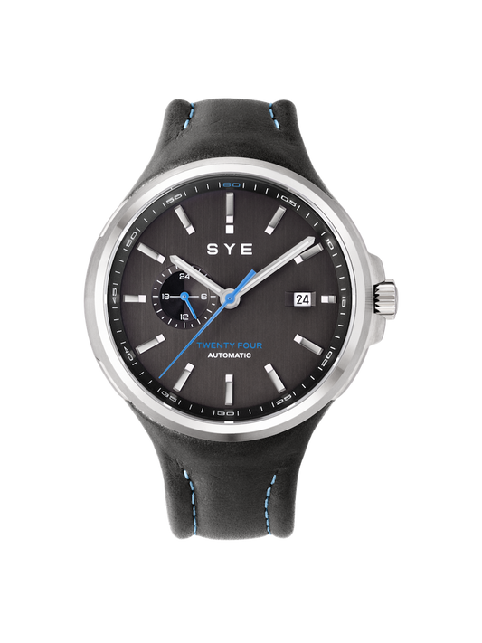 SYE watch with black dial and leather strap on a white background
