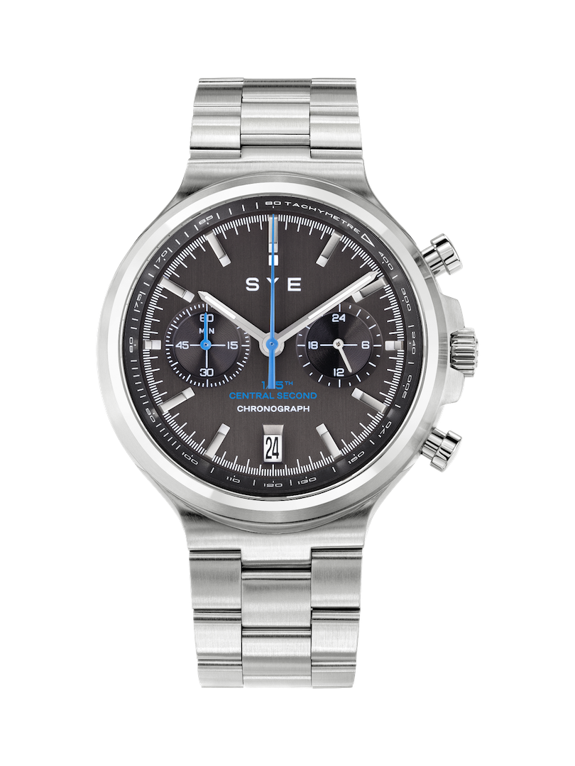 Silver watch with a black face on a white background