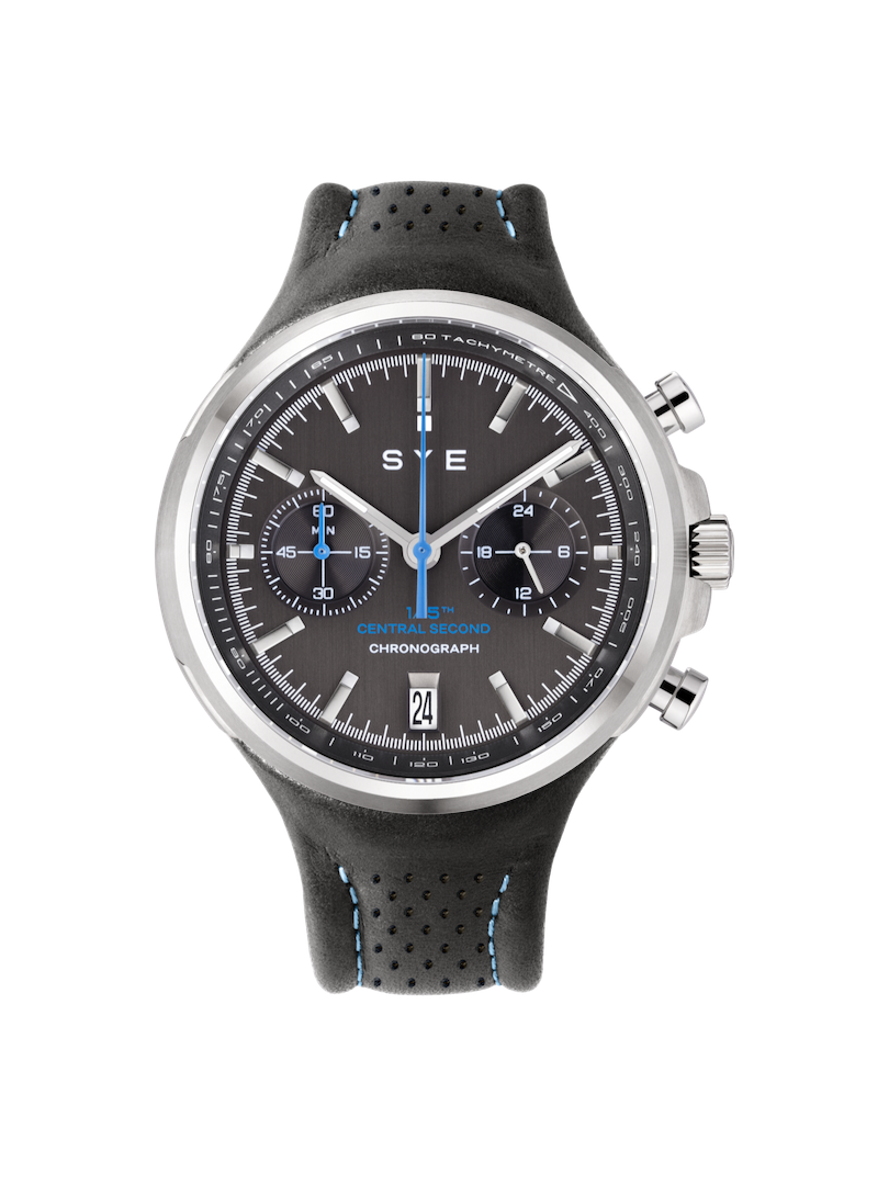 Black watch with a detailed face on a white background