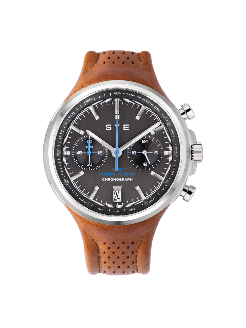 Wristwatch with brown leather strap and black dial on a white background