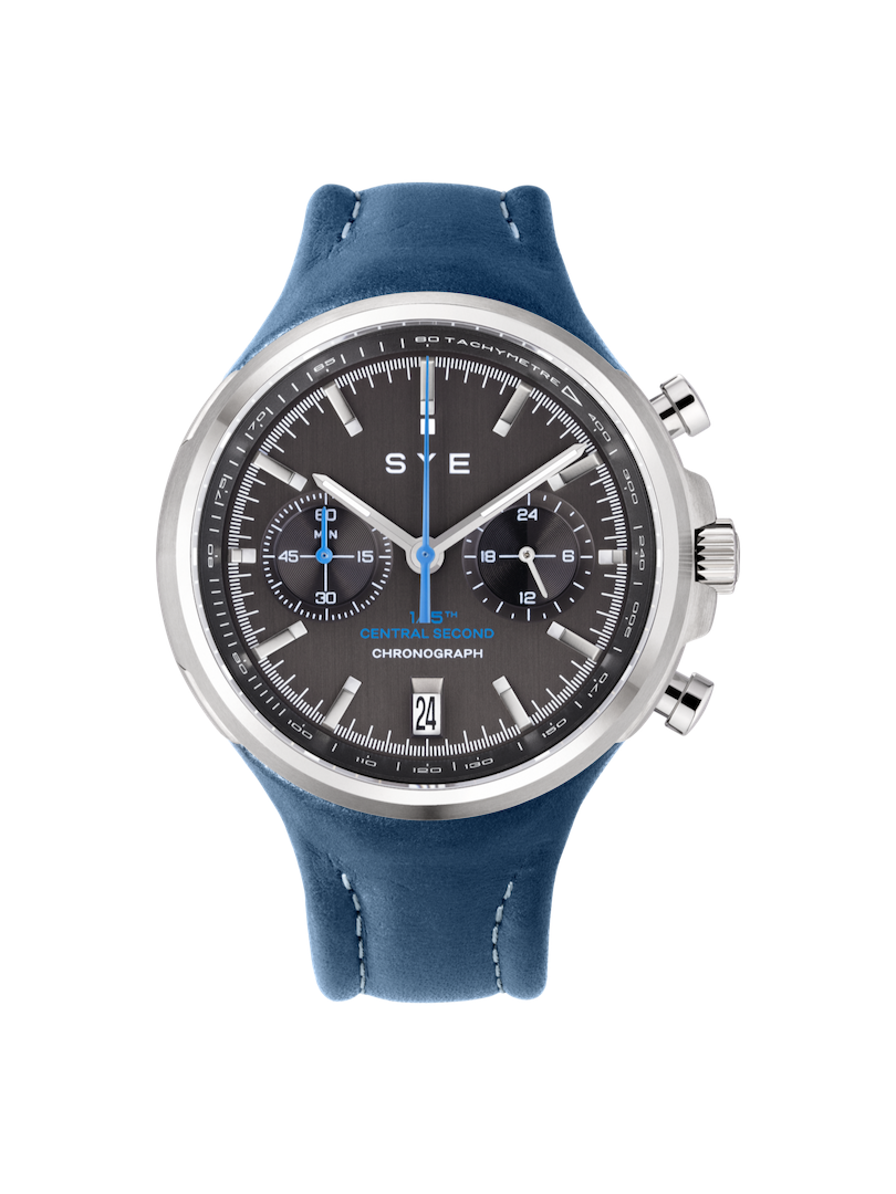 Blue watch with a silver case on a white background