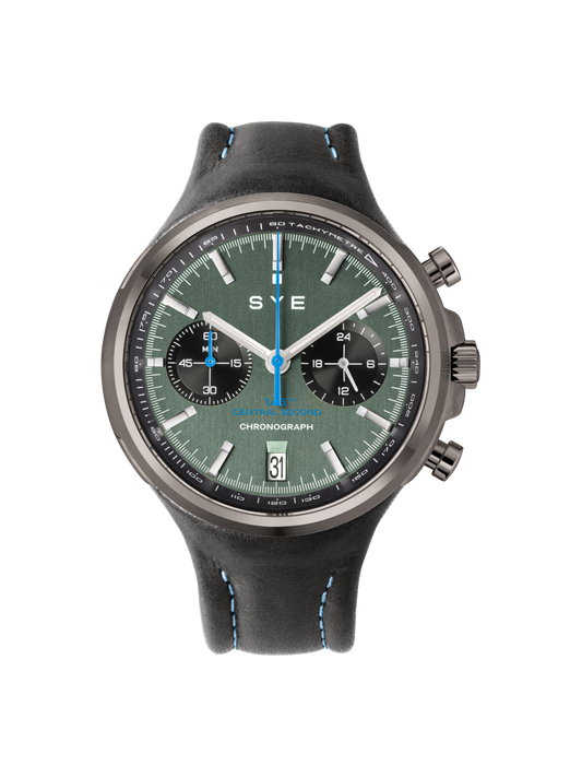 SVE watch with green dial and black strap on a white background
