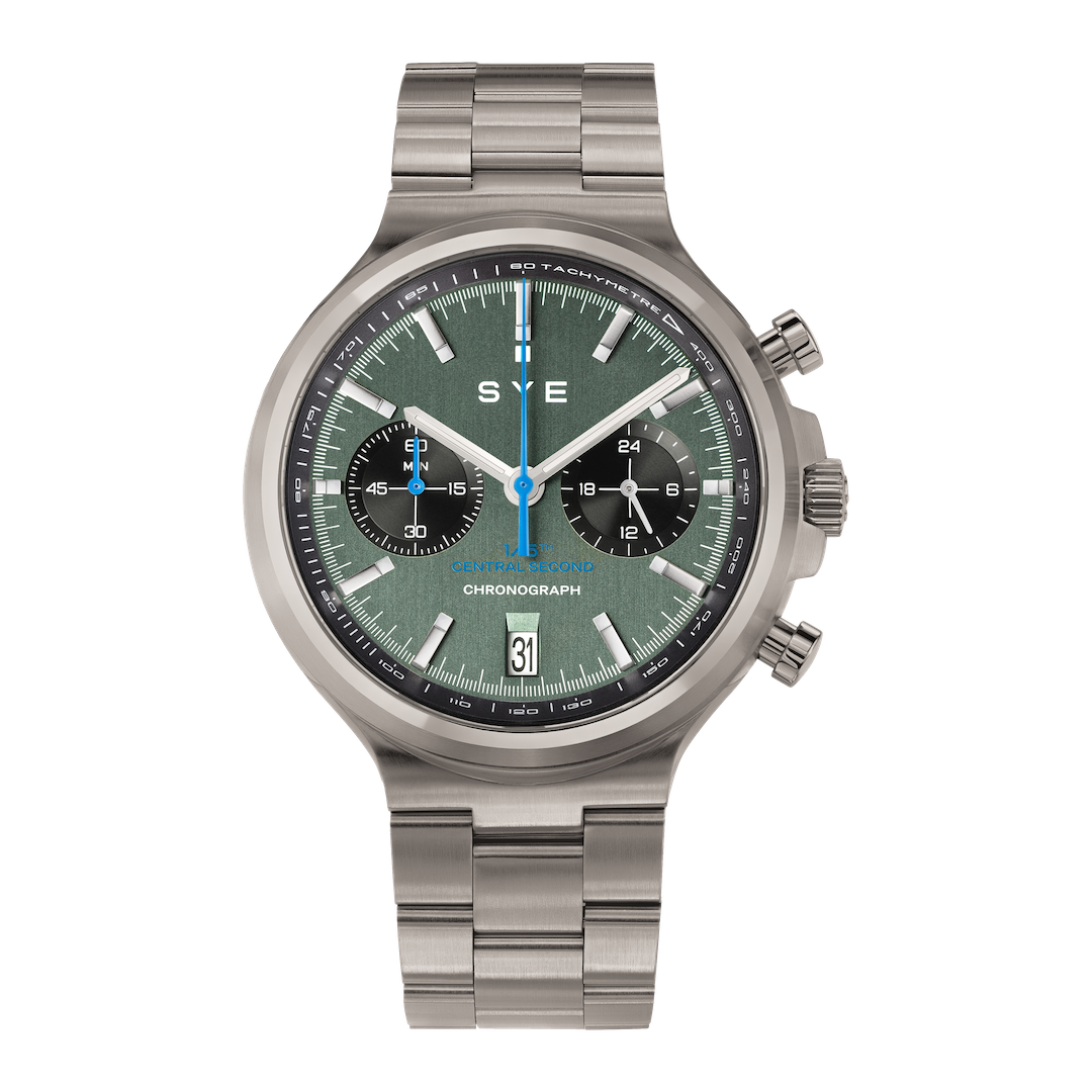 Silver watch with a green dial on a white background