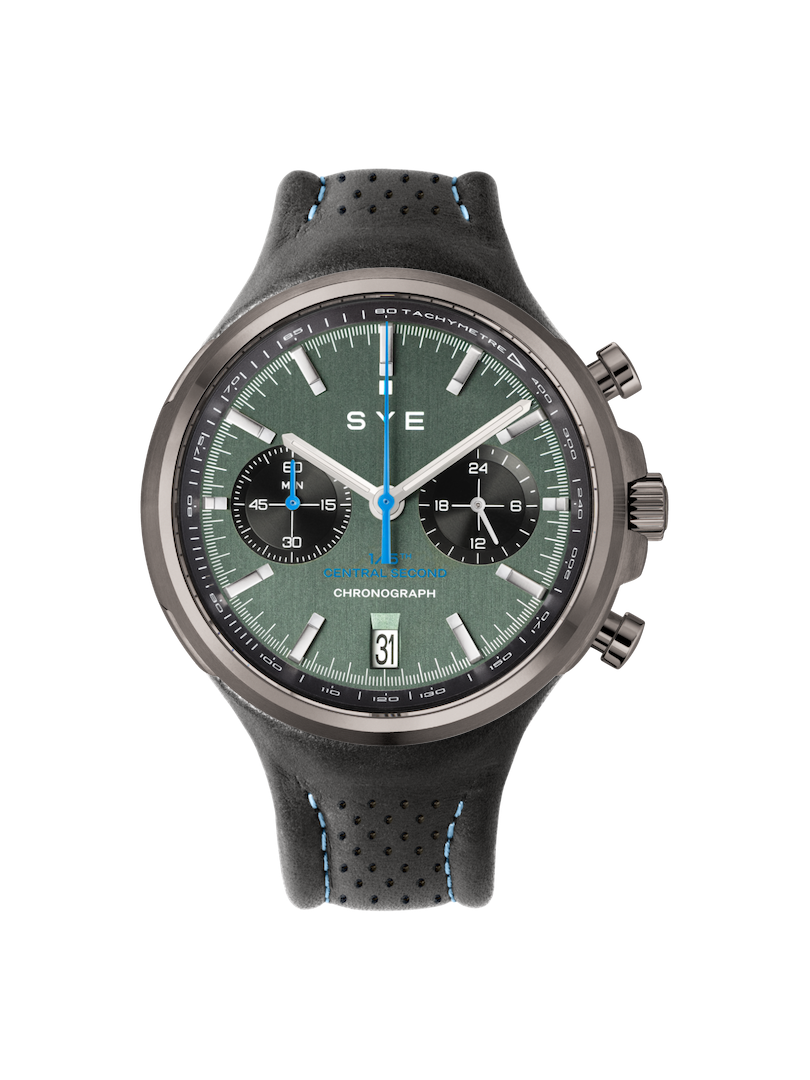 SVE watch with green dial and black strap on white background
