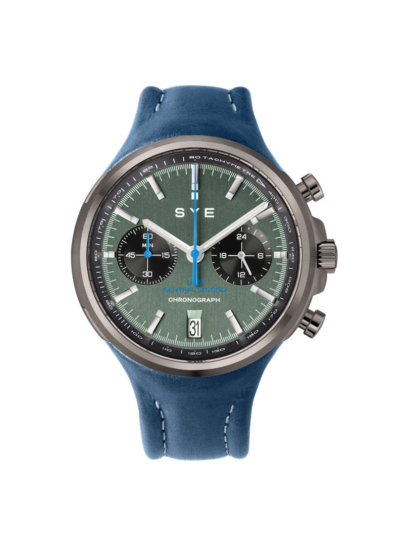 Wristwatch with blue strap and green dial on a white background