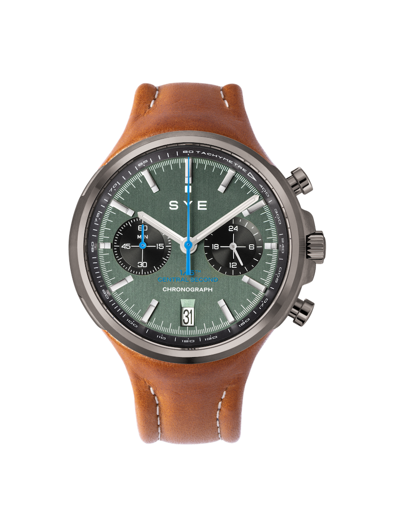 Watch with brown leather strap and green dial on a white background