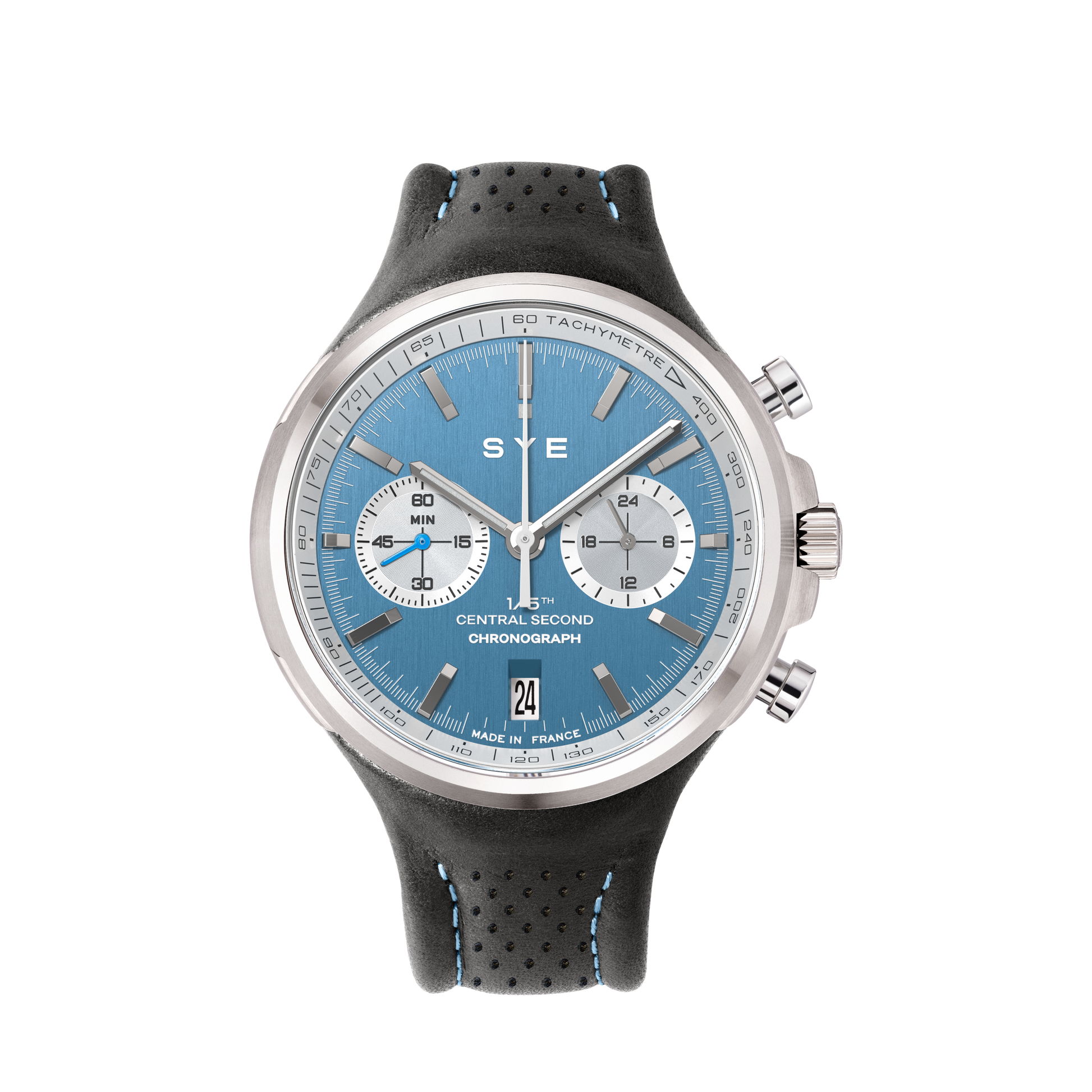 Wristwatch with blue dial and black strap on a white background