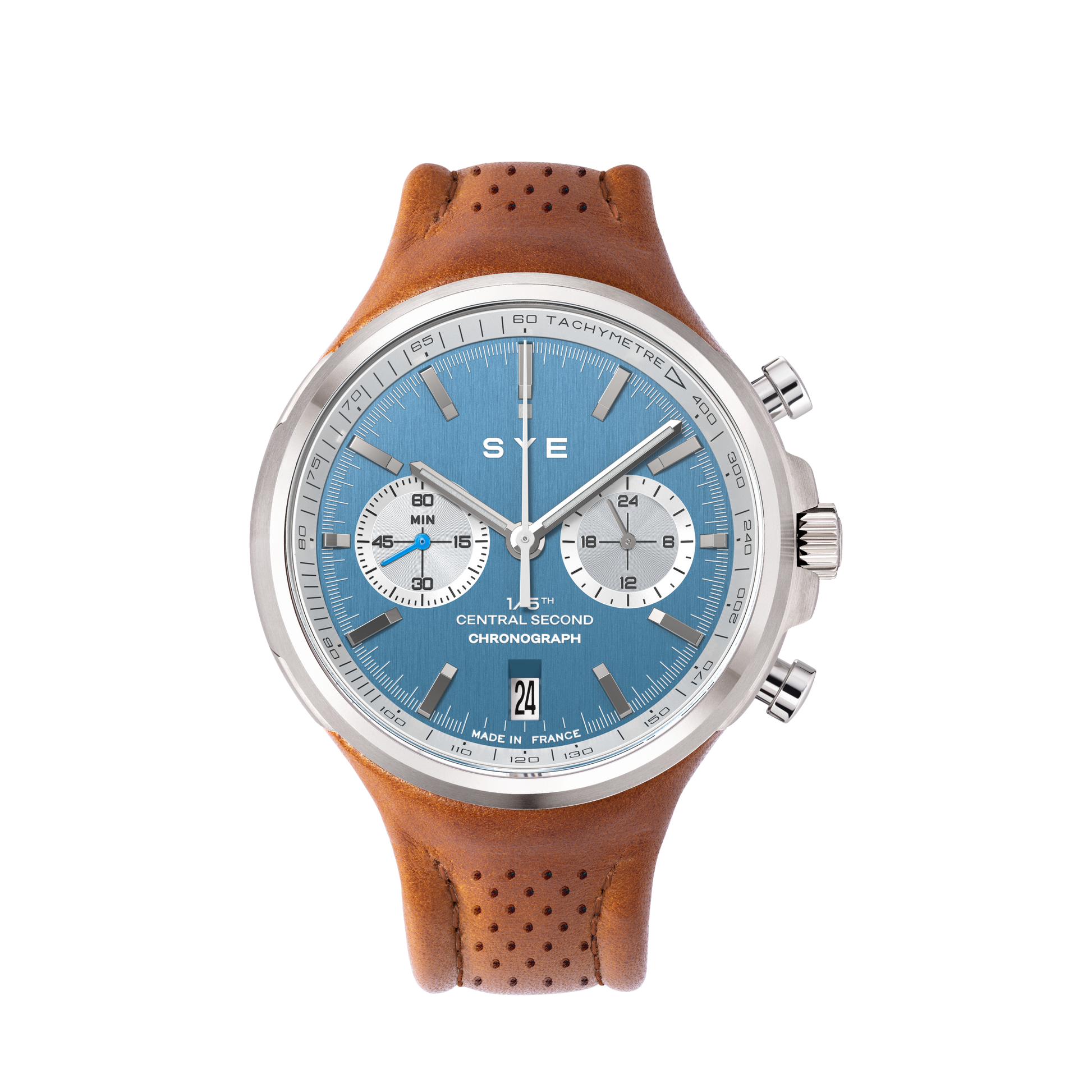 Wristwatch with brown leather strap and blue dial on a white background