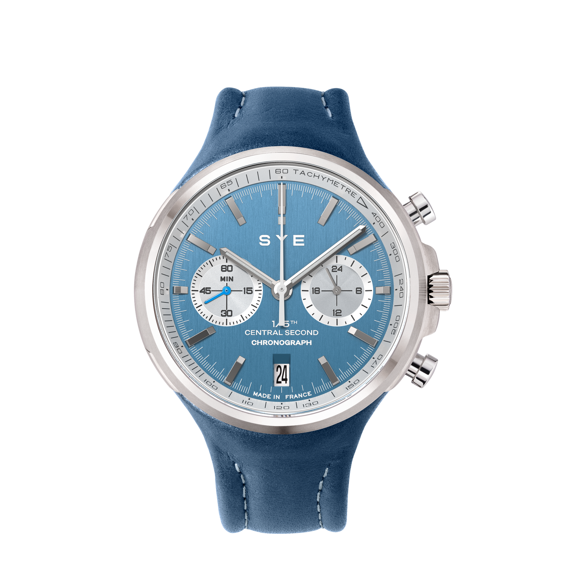 Blue watch with silver case on a white background