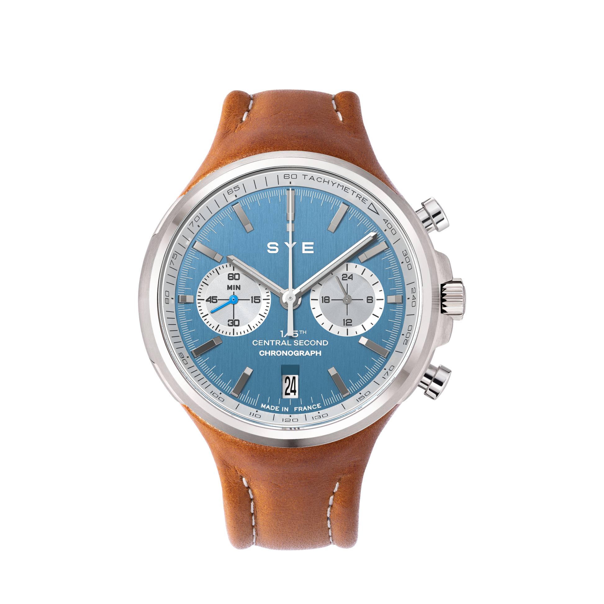 Watch with brown leather strap and blue face on white background