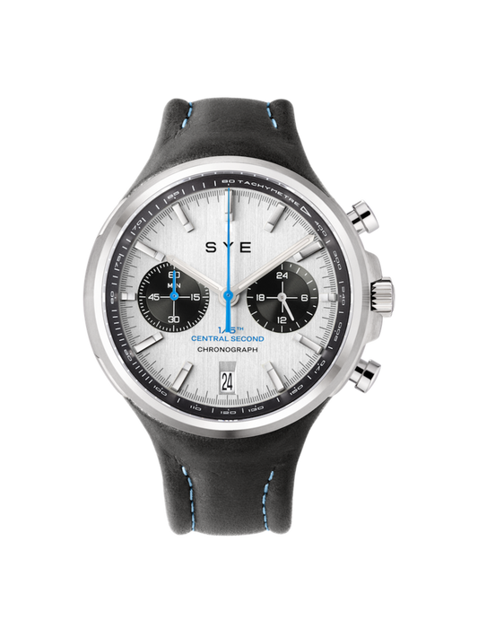 SVE watch with a black strap and white face on a white background