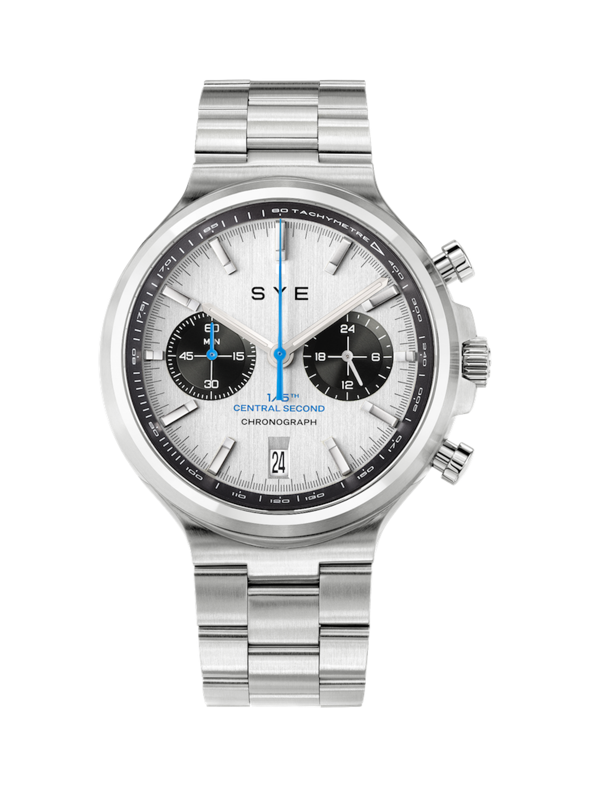 Silver watch with a white face on a white background