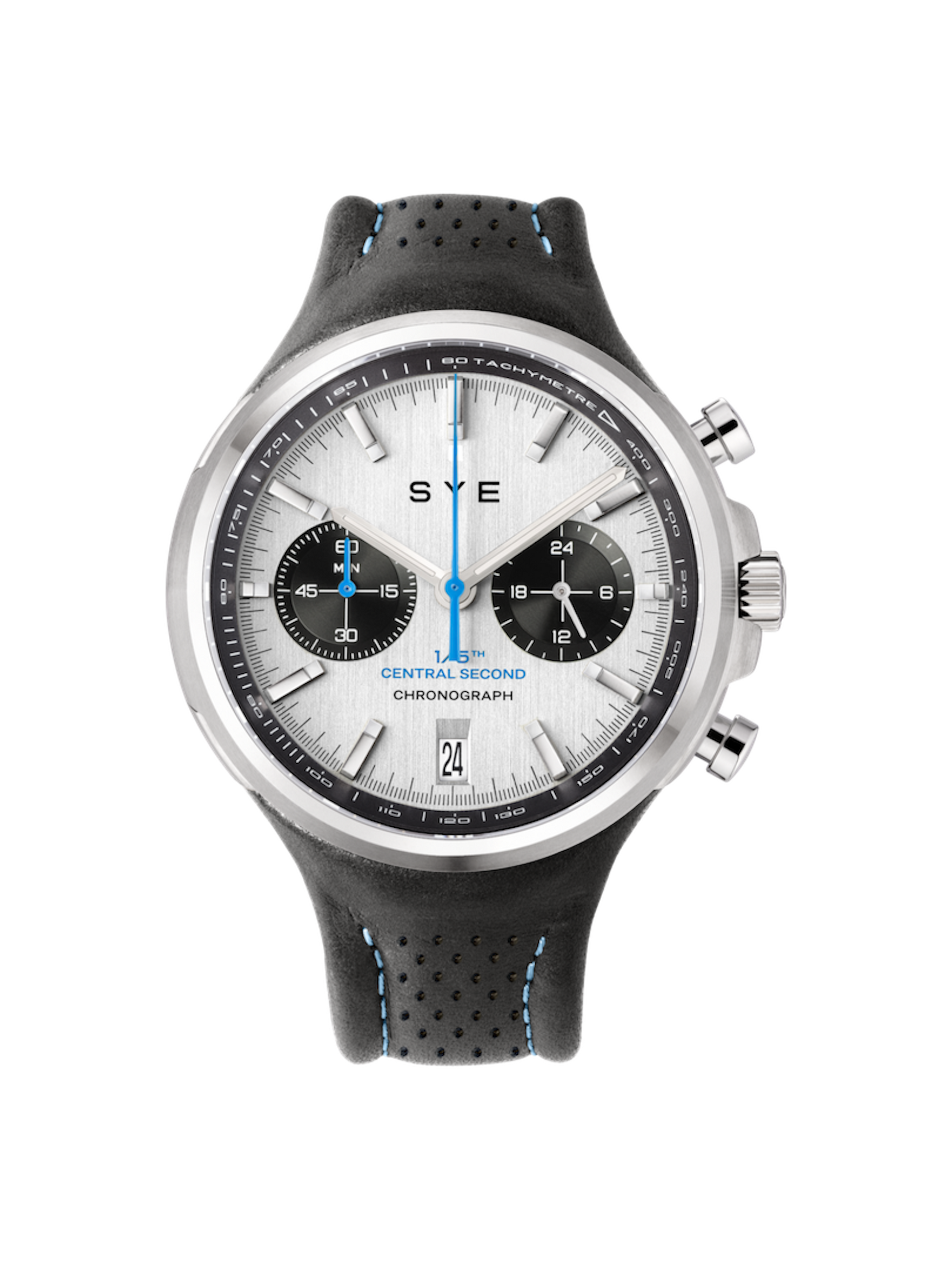 SVE watch with black strap and white face on a white background