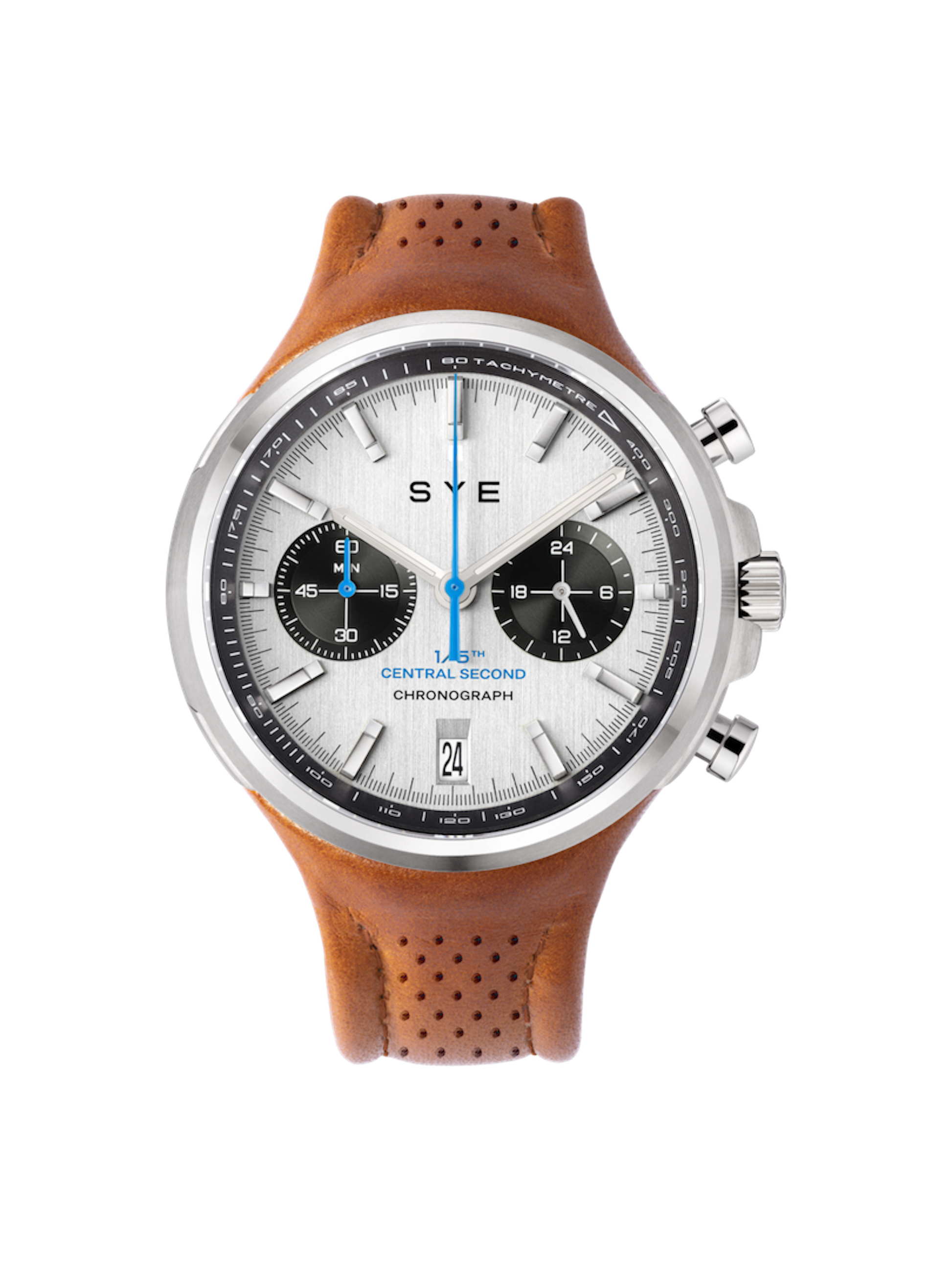 Wristwatch with brown leather strap and white face on a white background