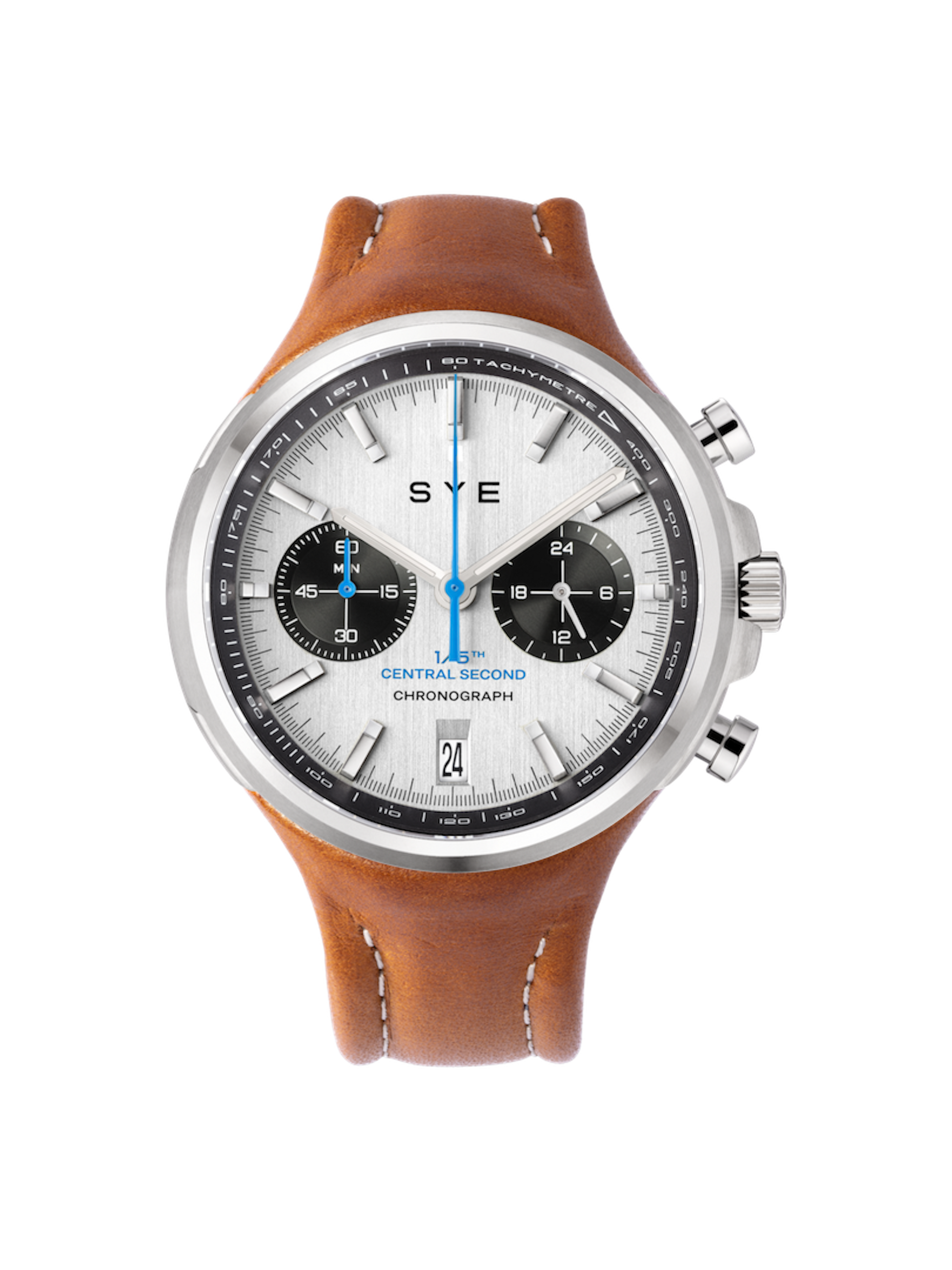 Wristwatch with brown leather strap and white face on a white background