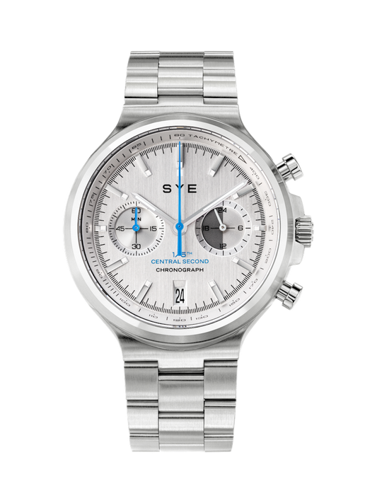 Silver SYE watch with a detailed face on a white background