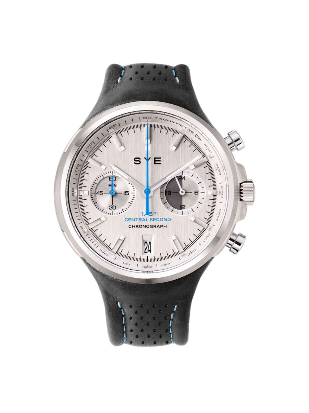Wristwatch with a black strap and silver case on a white background