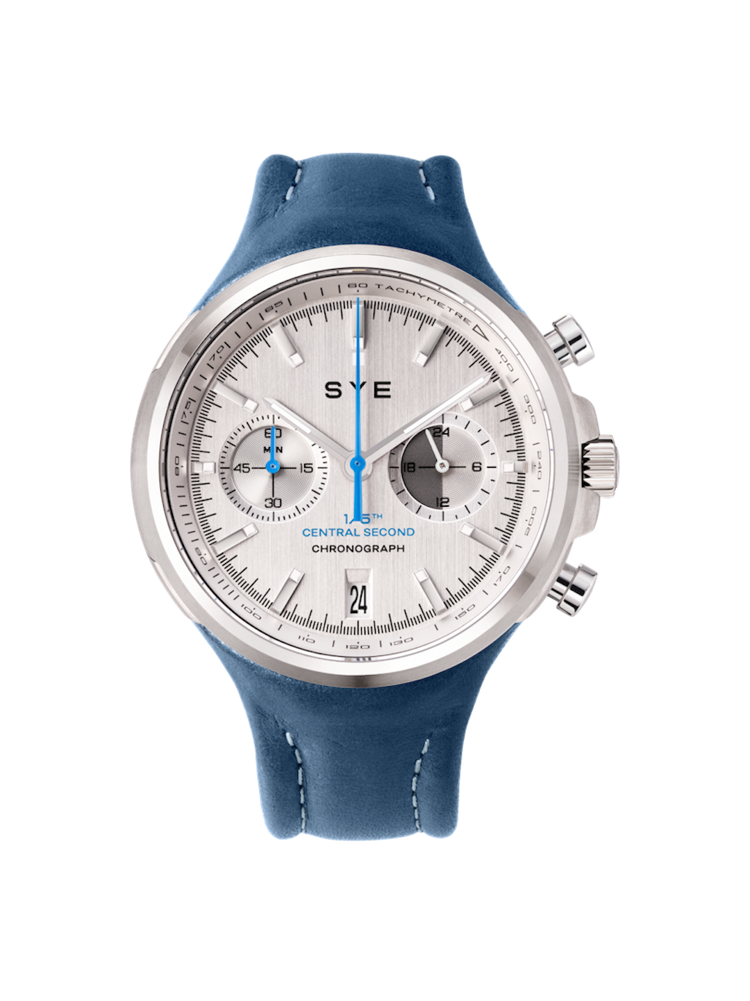 Wristwatch with blue strap and silver case on a white background