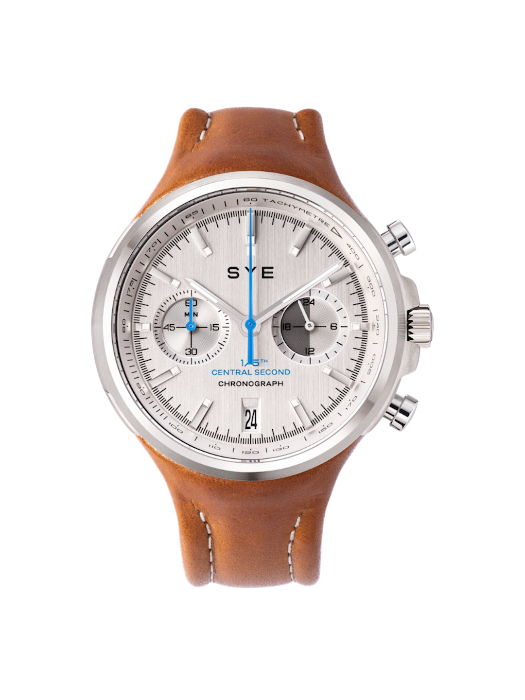 Watch with brown leather strap and silver dial on a white background