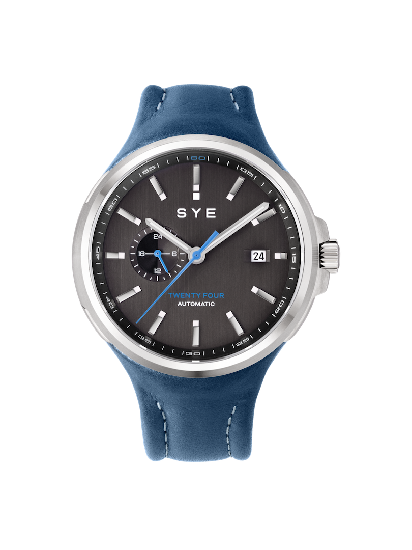 SYE watch with blue strap and black dial on a white background
