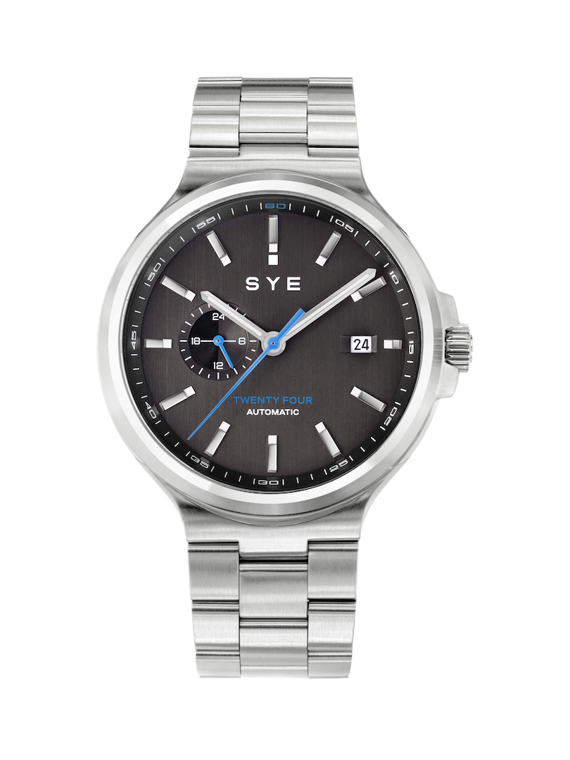 Silver watch with black dial on a white background