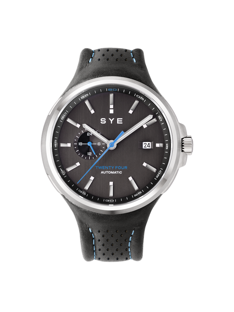 SYE watch with black dial and black strap on a white background