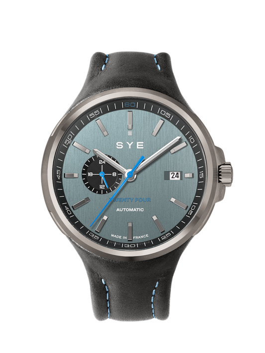 SYE watch with black strap and blue accents on a white background